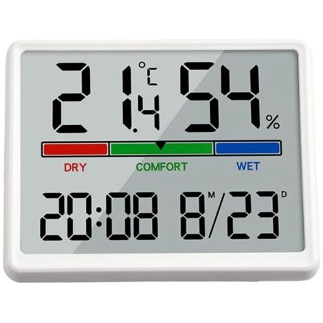 Digital wall clock – Large 9.3 x 7.3 cm LCD display – Shows time, date, temperature and humidity – Battery operated (CR2030) – Wall, table or magnetic mounting