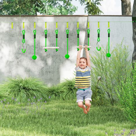 Parcours d'obstacles Ninja pour enfants 10 M kit de tyrolienne complet 7 pièces charge 50 kg. installation facile. vert (1/5)