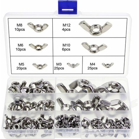 royaluxe -Assortiment de 100 écrous papillon en acier inoxydable M3 M4 M5 M6 M8 M10 (1/5)