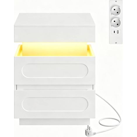 CHICFURN Mesita de noche con LED y cargador, mesa auxiliar blanca con 2 cajones y compartimento oculto con llave, 2 enchufes USB y USB-C para dormitorio (1/4)