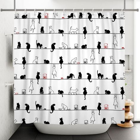 CCYKXAA Duschvorhang mit Cartoon-Katze, 150 x 180 cm, lustige schwarz-weiße Katze an einem Seil, wasserdichter Duschvorhang (1/4)
