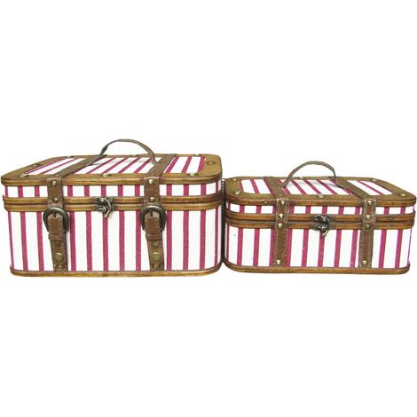 Cajas baúl de madera a rayas rojas y blancas 34 cm, juego de 2