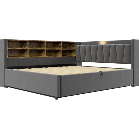 Cama tapizada 140 x 200 cm con almacenaje, luz nocturna, USB-C, estantes, terciopelo gris oscuro (1/5)