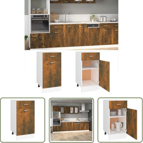 Armoire basse de cuisine à tiroirs, finition chêne fumé, 40×46×81,5 cm, en bois, meuble de rangement cuisine. (1/5)