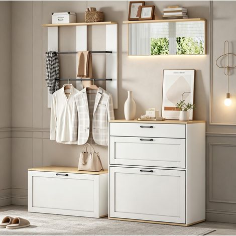 Vestiaire d'entrée modulable 156x36x176 cm avec miroir, rangement chaussures, penderie métal, blanc bois (1/5)