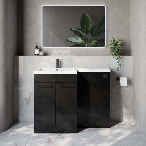 Napoli 460 Matt Black 1100mm 2 Door Vanity Unit Toilet Suite with Left Hand Square Lucia Basin - 1100mm - Gunmetal Grey 160mm HandleWithout Kingston Toilet Pan