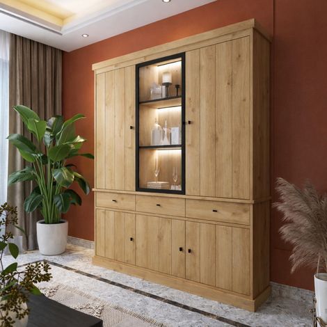 Vaisselier en bois 3 portes – 1 porte vitrée – 3 tiroirs – Meuble de rangement moderne pour salle à manger (1/5)