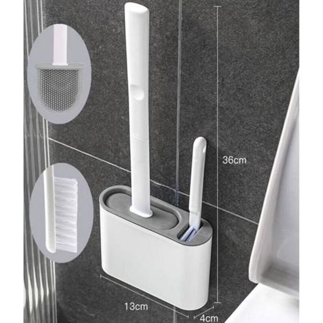 Brosse de toilette en silicone Brosse de nettoyage de toilette Brosse de squat Kit de suspension murale de salle de bain, Gris