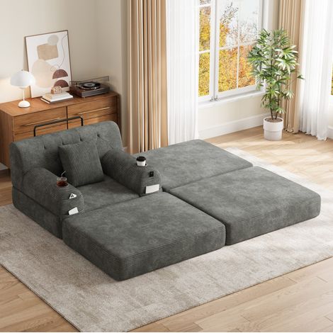Poltrona letto 1 posto in corduroy con pouf, schienale alto, grigio scuro (1/5)