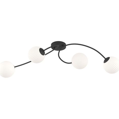 Plafoniera 4 Luci Vibra In Acciaio Nero E Vetro Rigato A Sfera Bianco