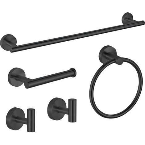 Lot de 5 Accessoires Salle de Bain en Acier Inoxydable SUS304 60cm,Porte-Papier Toilette,Anneau Serviette,Crochet Peignoir,Mural Noir (1/4)