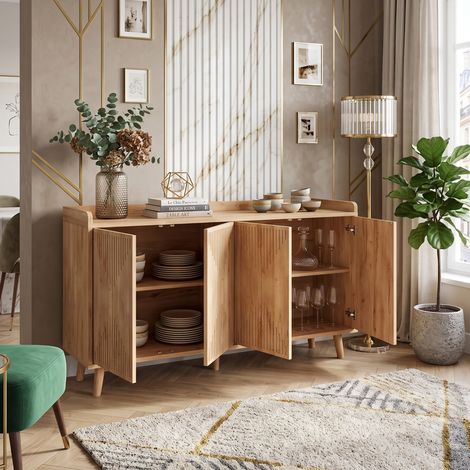 Creahappy Enfilade Buffet 4 Portes 140x40x84 cm - Grand Rangement Vaisselier Salle à Manger & Salon - Style Naturel Chêne en Bois MDF (1/5)