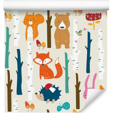 Carta da parati con allegri animali del bosco per soggiorno e camera da letto, 50x1000 cm (1/5)