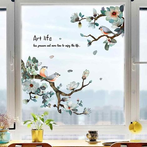 2 lots d'autocollants pour fenêtres « Oiseaux sur branches fleuries », stickers amovibles en forme de feuilles vertes, décorations artistiques pour fenêtres et portes en verre