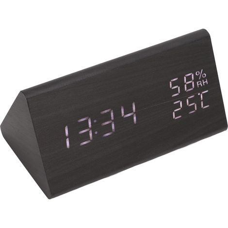 Réveil de bureau/de chevet à luminosité réglable, réveil numérique en bois, réveil numérique triangulaire en bois, réveil simple et élégant avec affichage de la température et de l'humidité. (1/5)