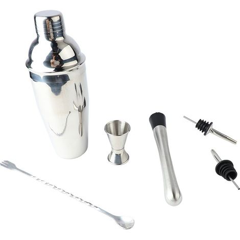 6-teiliges Barset mit Cocktailshaker aus Edelstahl zur Zubereitung von Getränken zu Hause oder auf Partys (750 ml). (1/5)
