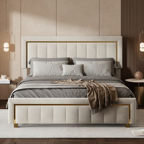 Letto contenitore 140x190 con rete, letto matrimoniale capitonné, letto per adulti con apertura idraulica, bordatura dorata, velluto, stile moderno/scandinavo(140x190cm, Beige) (1/5)
