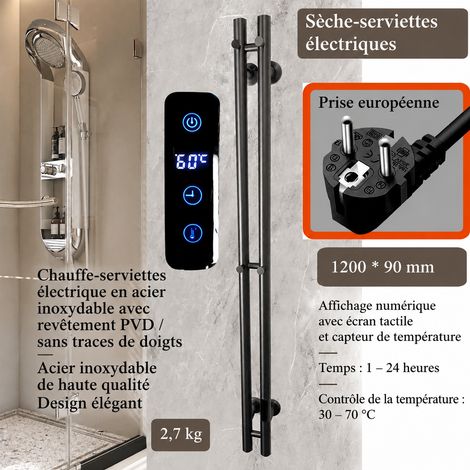 Sèche-serviettes électrique mural acier inox norme européenne 120090 mm tube rond gris fusil écran tactile 126 × 13 × 10 cm 2,7 kg – Livraison gratuite