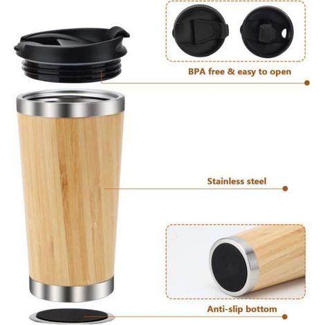 Tasse à café - - 450ML - Acier inoxydable - Bambou - Isolante thermique (1/4)