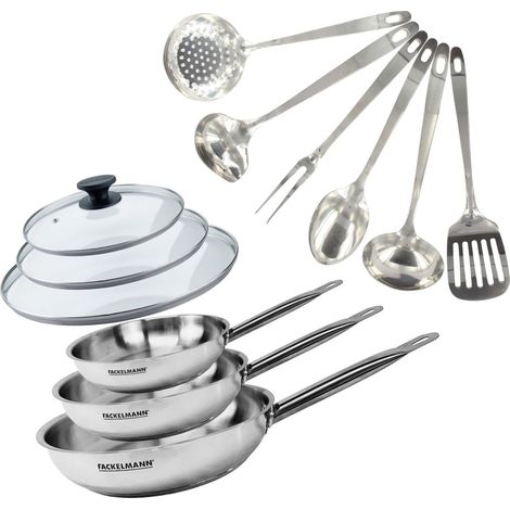 Set de 3 poêles 20, 24 et 28 cm en inox, 3 couvercles verre et 6 ustensiles inox Fackelmann Eterna (1/5)
