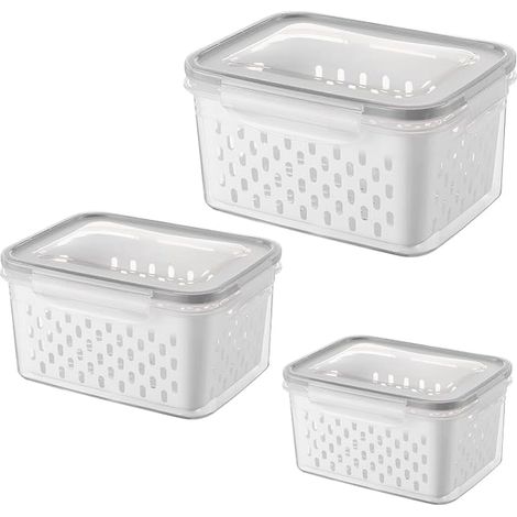boîtes de rangement pour réfrigérateur - boîtes de conservation pour fruits et légumes - Avec couvercle et passoire - Double organiseur de réfrigérateur - Gris (1/5)