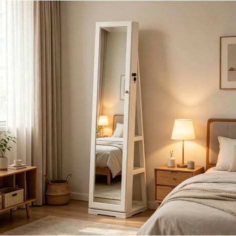 Miroir psyché pivotant 38x38x160 cm en MDF et verre blanc, rangement intégré, pour chambre – MEUBLIV (1/5)