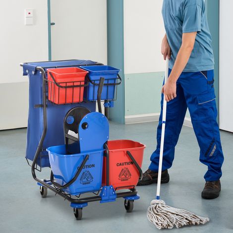 Chariot de nettoyage avec sac à ordures, 4 seaux et essoreuse pour mop, 93x80x97 cm, rouge, bleu et noir (1/5)