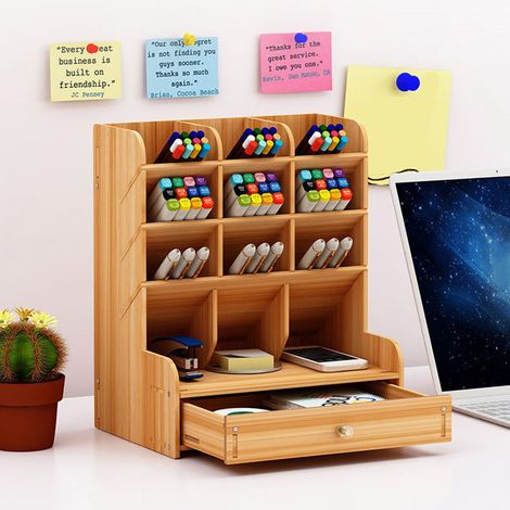 Organisateur de bureau en bois avec tiroir - Porte-stylos et rangement de fournitures pour la maison, le bureau et l'école