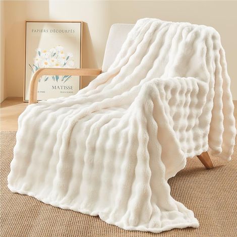 Plaid Canape Grande Taille,Tissu Polaire à Bulles, Ultra Doux, Cocooning et Chaud, Idéal pour Canape, Blanc, Couverture lit 2 Personnes,Idéal pour Le Sofa et la Voiture, 200 X 230 cm (1/5)