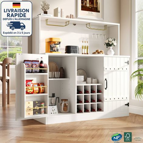 Buffet 119,4 x 40 x 120 cm, 2 portes avec porte-bouteilles, meuble de cuisine, compartiment de rangement ouvert, multifonctionnel, MDF + métal, blanc (1/5)