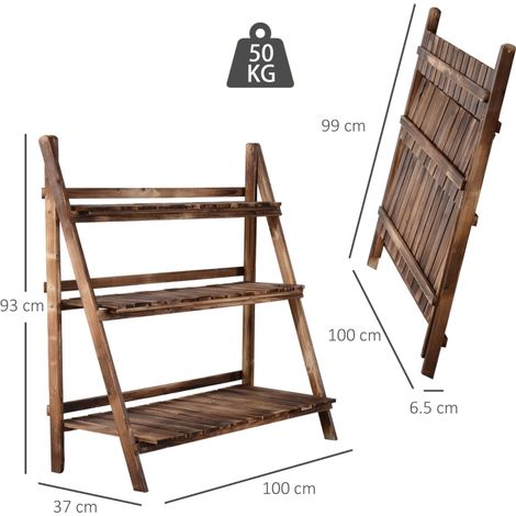 Support pliable pour plantes en bois de sapin, porte-pots à 3 niveaux, étagère extérieure pour pots de fleurs, 100 x 37 x 93 cm (1/3)