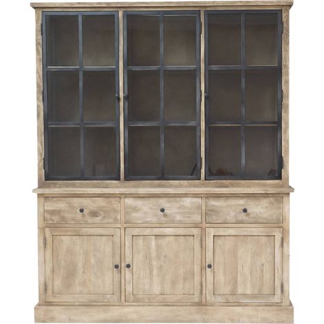 Made In Meubles – Vaisselier en bois de manguier brossé et métal noir – Dimensions 215x175x50 cm – Design moderne avec portes hautes et tiroirs (1/5)