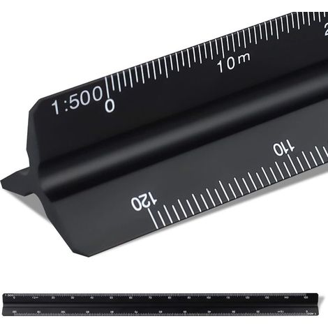 Règle échelle 30cm, règle triangulaire en métal pour architectes 1:100, 1:200, 1:250, 1:300, 1:400, 1:500 (Noir) (1/5)