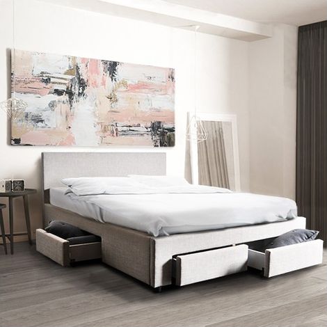 Lit LUGANO 160x200 cm – 4 tiroirs de rangement sur roulettes – Cadre en MDF et tissu – Sommier 12 lattes en bois – Gris clair – Weber Industries (1/6)