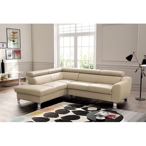 - Canapé d'angle en cuir italien de luxe 5 places ASTRIDO, beige, angle gauche (1/5)