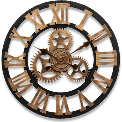 Horloge Murale 3D Rétro en Bois et Métal - Marque - Modèle - 45cm - Noir et Doré (1/3)