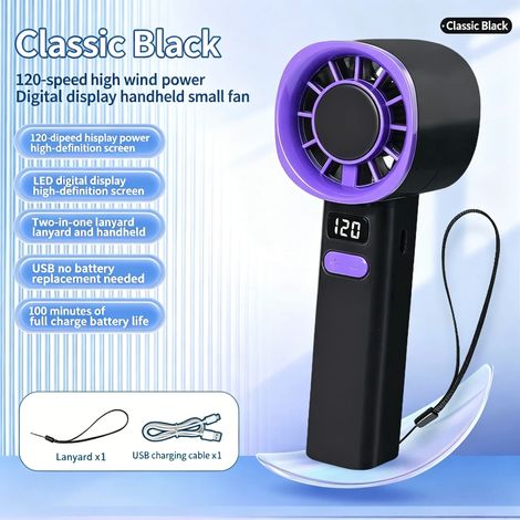 Ventilateur turbine portable mini (noir), rechargeable, avec écran LCD et affichage numérique. (1/5)