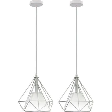 Suspension Luminaire en Diamant Métal Rétro Plafonnier Lustre Fer Abat-jour Blanc 2PCS (1/4)