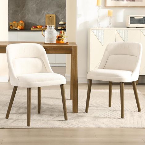 Lot de 2 chaises de salle à manger modernes en velours côtelé blanc avec support lombaire et pieds en bois (1/5)