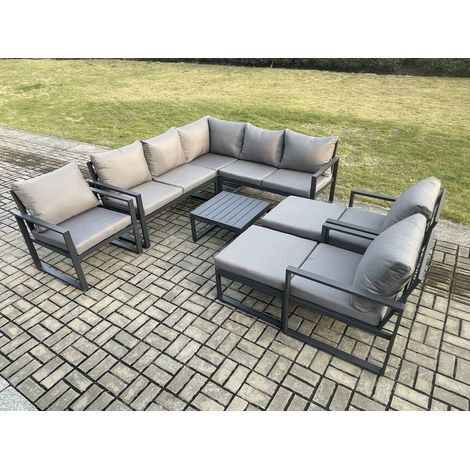 Fimous 10 Seater Outdoor Aluminium Garden Furniture Set Corner Lounge Sofa Set with Square Coffee Table Chair 2 Big Footstools Dark Grey (1/5)