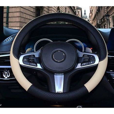 Couvre-volant de voiture, adapté à toutes les saisons, couvre-volant en cuir microfibre beige avec coutures ondulées (1/4)