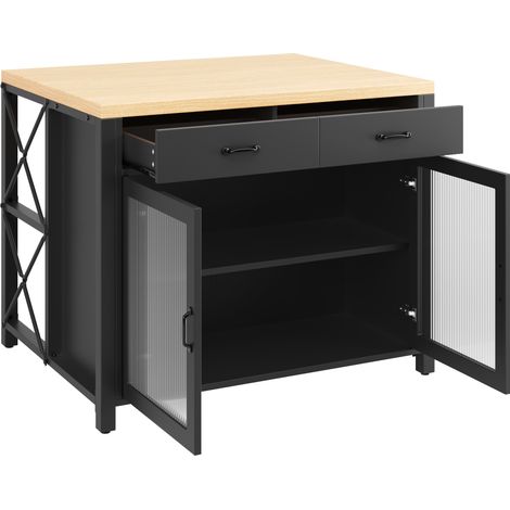 Îlot de cuisine avec LED, plateau bois, 100x80x90 cm, noir, pieds réglables, avec tiroirs et porte en verre (1/5)