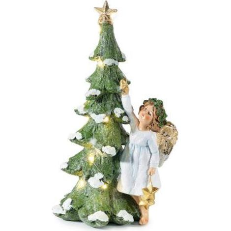 Angelo con abete illuminato in resina altezza 31 cm (1/5)
