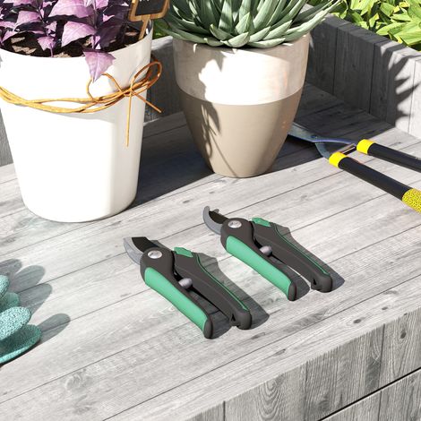 Gartenwerkzeug Set 2 Stück Garten Werkzeug aus Metall Gartengeräte mit Gartenschere Grün+Schwarz