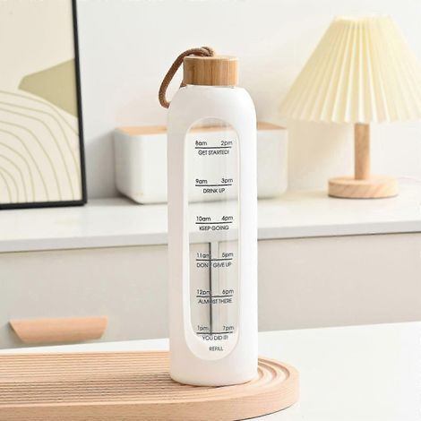 HONORNIC - Bouteille d'eau en verre borosilicate avec manchon en silicone et graduation horaire, 1 litre - blanche (1/4)