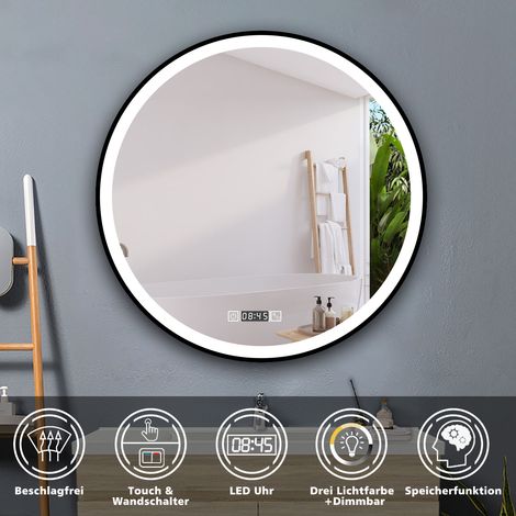 Rund Badspiegel mit Beleuchtung Antibeschlage Badezimmerspiegel mit schwarzem Rahmen, Beschlagfrei+3 Lichtfarben Dimmbar+Memory Funktion+Uhr 70cm (1/5)