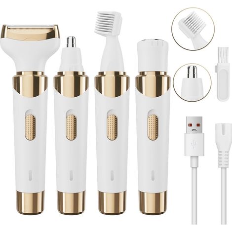 Rasoio elettrico 4 in 1 per donna - Ricaricabile e indolore - Rimozione peli del viso - Rifinitura e rasatura - Gambe, corpo, viso, ascelle - Oro e bianco (1/5)