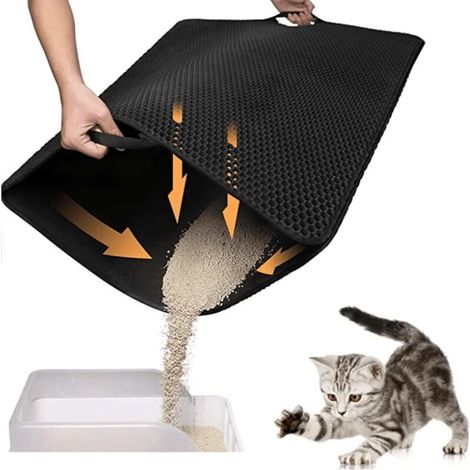 Tapis de litière pour chat Tapis de litière pour chat double couche EVA，TTampon de nettoyage lavable pour bac à litière pour chat   55x75cm Noir (version plate avec poignée) (1/4)