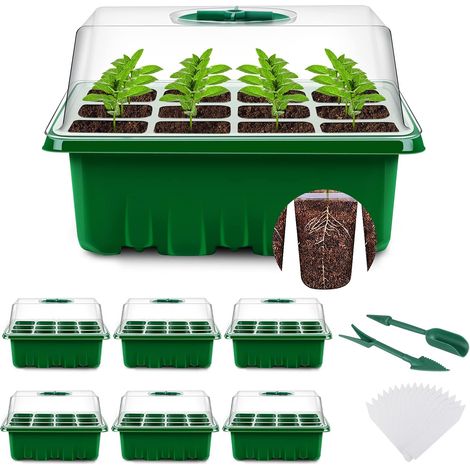 Mini Greenhouse for Plants, 6 Pieces 72 Cells Indoor Tray Seedling Tray Nursery Grow Box with Durable Lid and Ventilation, Green (1/5)