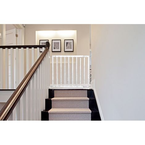Safetots Top of The Stairs Screw Fitted Stair Gate, White Wooden, 63.5cm - 105.5cm, Wood Baby Gate, Stylish Safety Gate